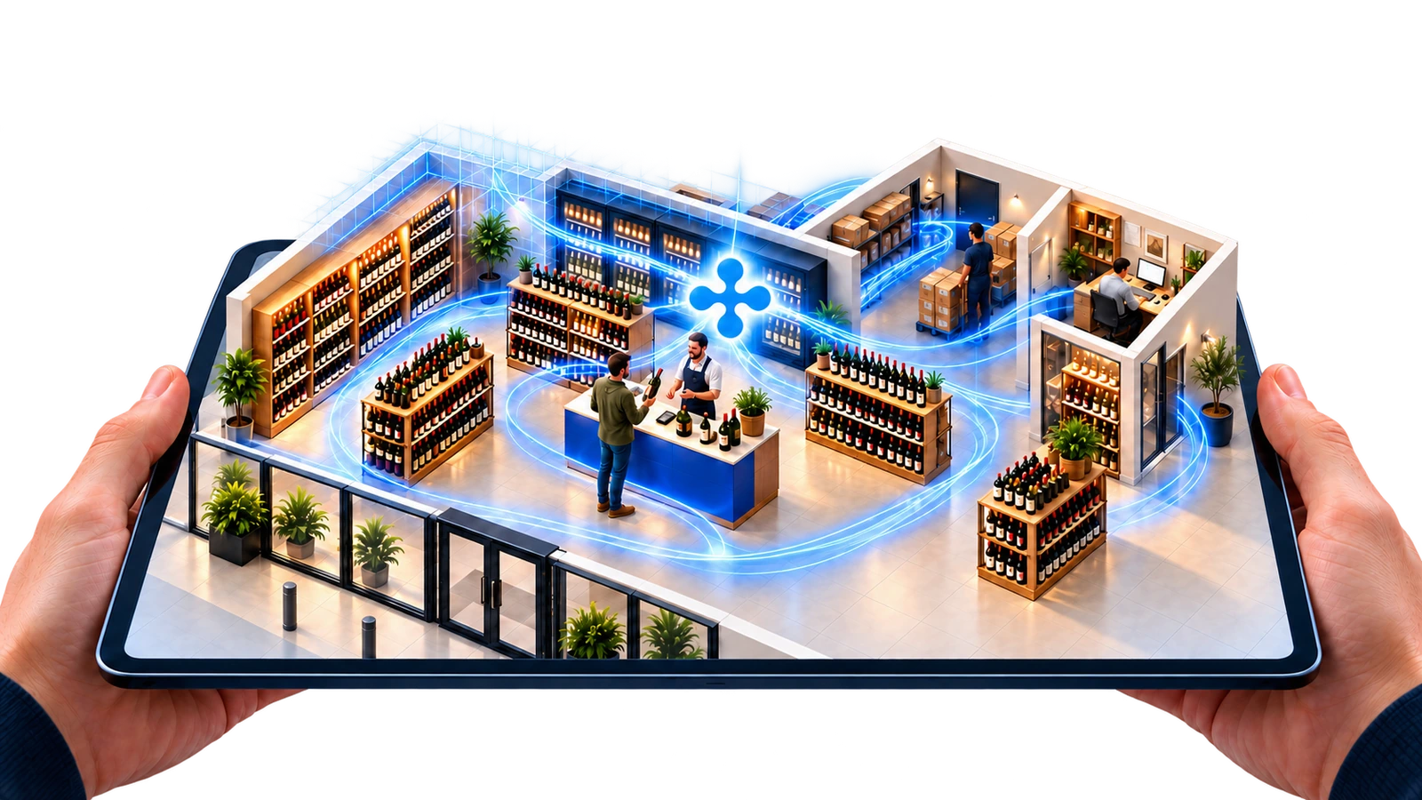 A liquor store held on a tablet, with ShelfWise intelligence connecting the shop floor and back office.